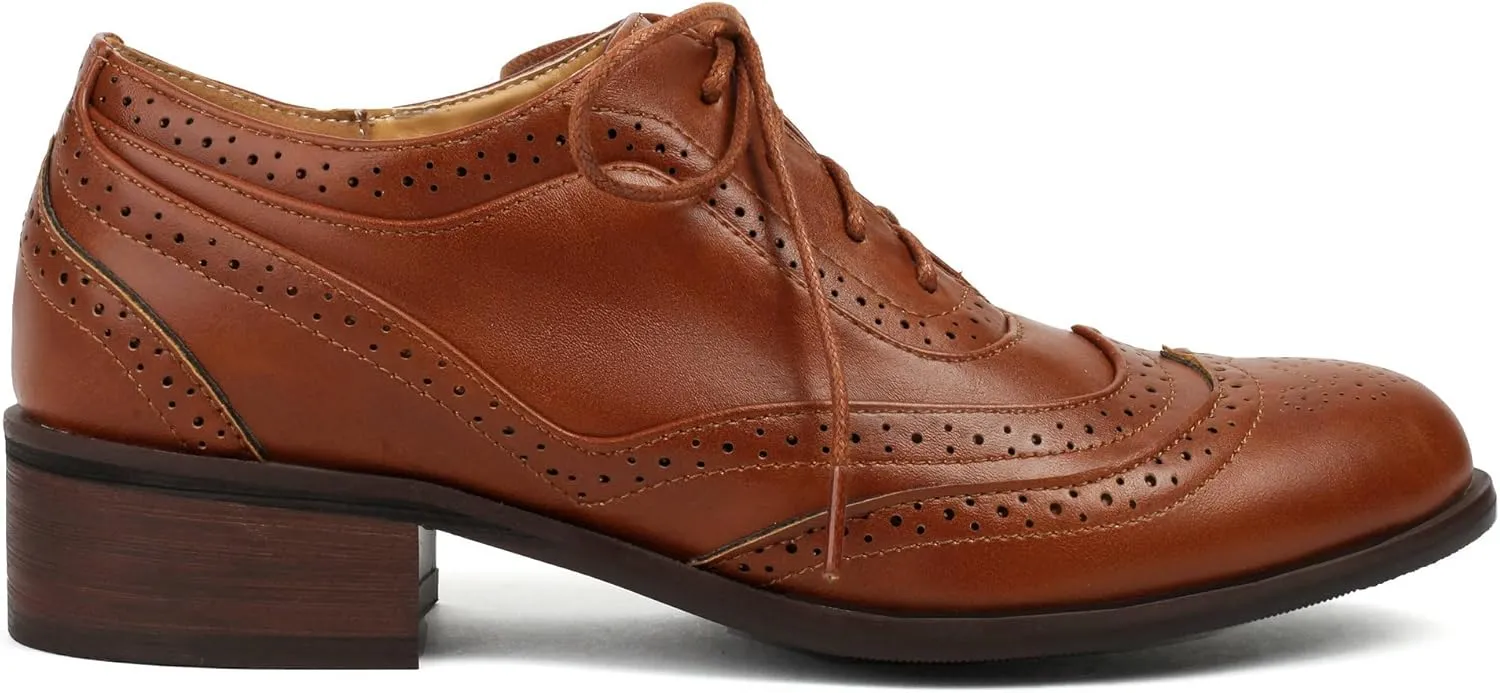 Betastella Womens Vintage Lace Up Wingtip Oxfords Brogue Oxford Shoes Chunky Low Heel Round Toe Pumps Shoes