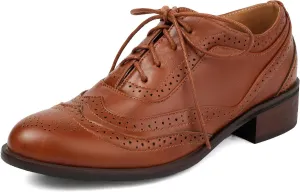 Betastella Womens Vintage Lace Up Wingtip Oxfords Brogue Oxford Shoes Chunky Low Heel Round Toe Pumps Shoes