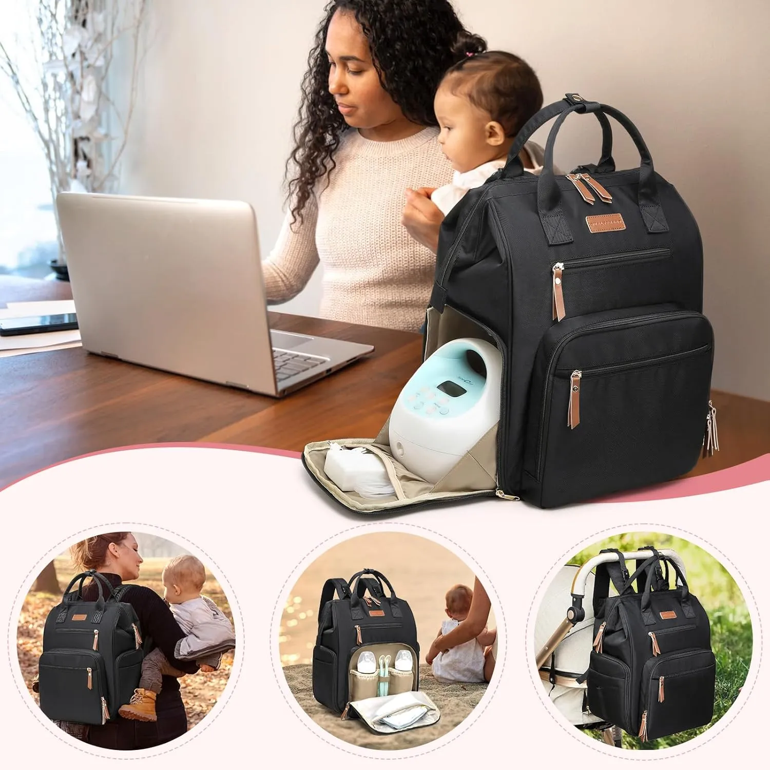 Breast Pump Bag for Spectra S1 S2 Medela, Convertible Large Diaper Bag Backpack for Working Moms with 16 inch Laptop Sleeve & Cooler Storage, Black