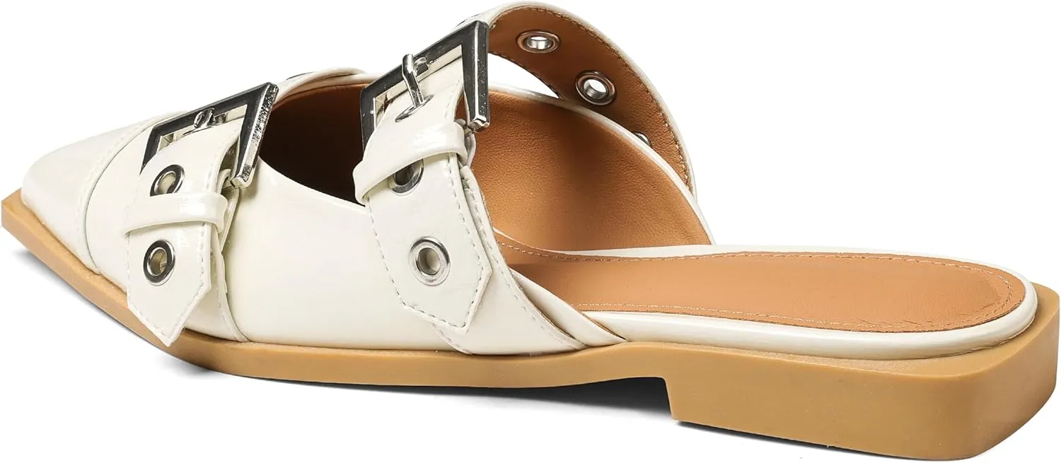 Buckle Flats for Women Pointy Toe Wide Welt Buckled Mules Low Block Heel Slippers Mary Jane Shoes Comfortable Ballerina Flats