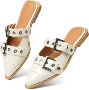 Buckle Flats for Women Pointy Toe Wide Welt Buckled Mules Low Block Heel Slippers Mary Jane Shoes Comfortable Ballerina Flats