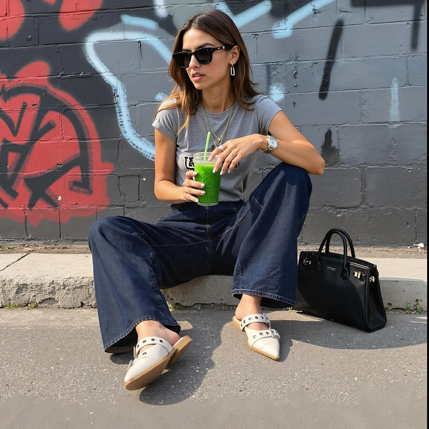 Buckle Flats for Women Pointy Toe Wide Welt Buckled Mules Low Block Heel Slippers Mary Jane Shoes Comfortable Ballerina Flats