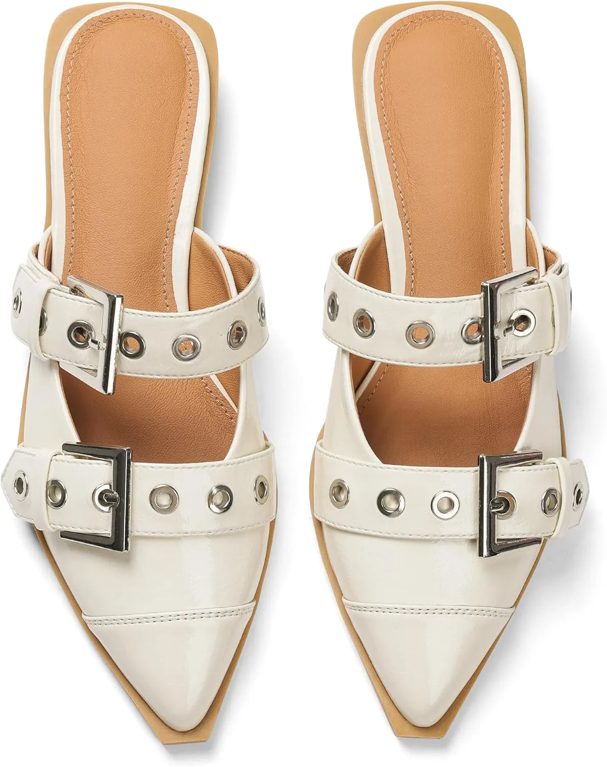 Buckle Flats for Women Pointy Toe Wide Welt Buckled Mules Low Block Heel Slippers Mary Jane Shoes Comfortable Ballerina Flats