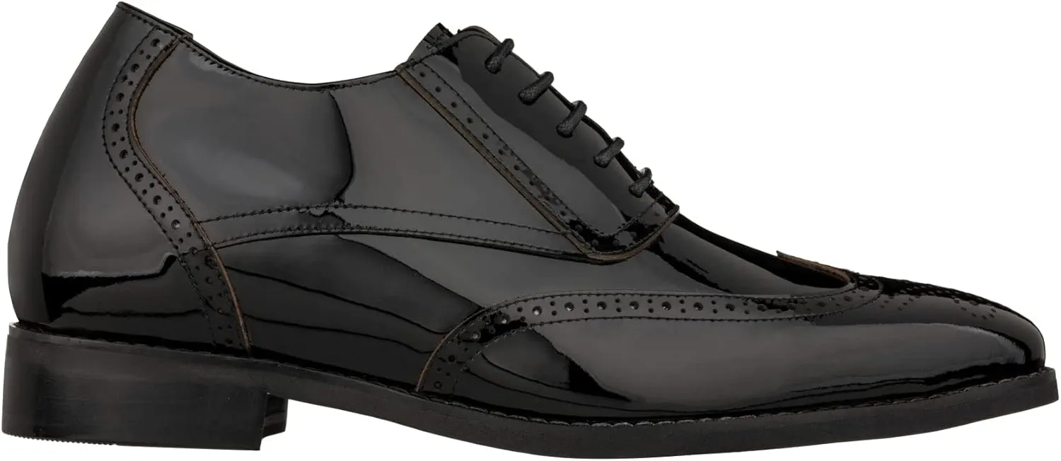 CALTO Men's Invisible Height Increasing Elevator Shoes - Black Patent Leather Lace-up Wing-tip Formal Oxfords - 3 Inches Taller - S1015 - Size 7.5 D(M) US