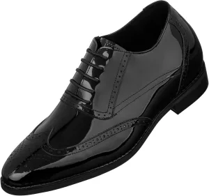 CALTO Men's Invisible Height Increasing Elevator Shoes - Black Patent Leather Lace-up Wing-tip Formal Oxfords - 3 Inches Taller - S1015 - Size 7.5 D(M) US