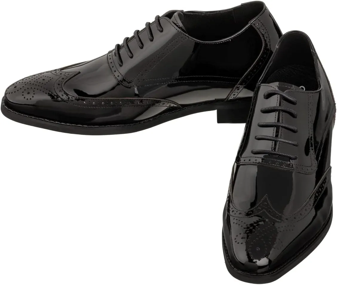 CALTO Men's Invisible Height Increasing Elevator Shoes - Black Patent Leather Lace-up Wing-tip Formal Oxfords - 3 Inches Taller - S1015 - Size 7.5 D(M) US