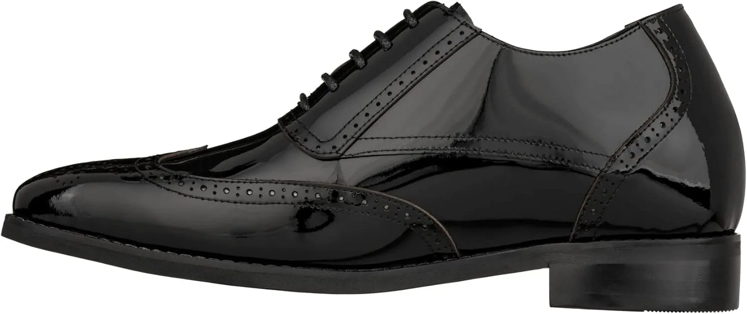 CALTO Men's Invisible Height Increasing Elevator Shoes - Black Patent Leather Lace-up Wing-tip Formal Oxfords - 3 Inches Taller - S1015 - Size 7.5 D(M) US