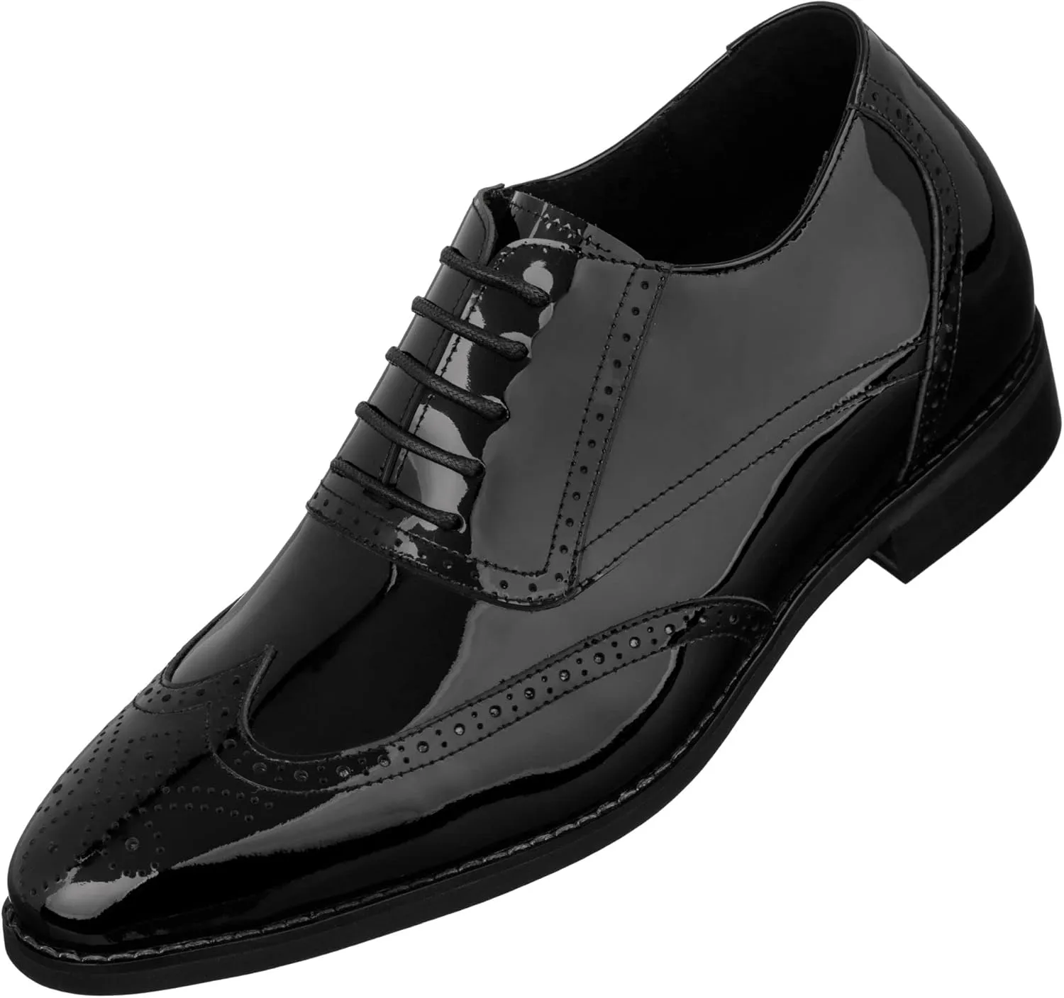 CALTO Men's Invisible Height Increasing Elevator Shoes - Black Patent Leather Lace-up Wing-tip Formal Oxfords - 3 Inches Taller - S1015 - Size 7.5 D(M) US