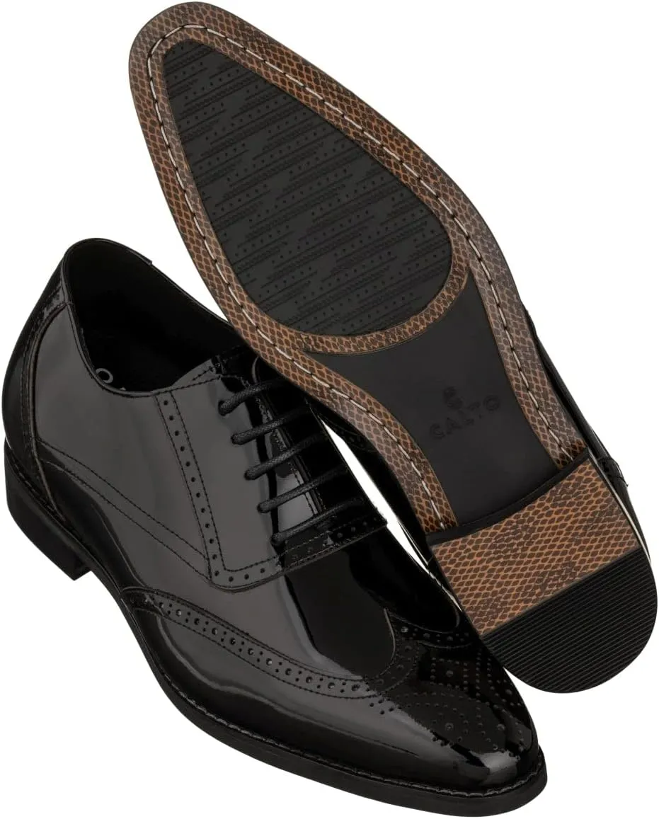 CALTO Men's Invisible Height Increasing Elevator Shoes - Black Patent Leather Lace-up Wing-tip Formal Oxfords - 3 Inches Taller - S1015 - Size 7.5 D(M) US
