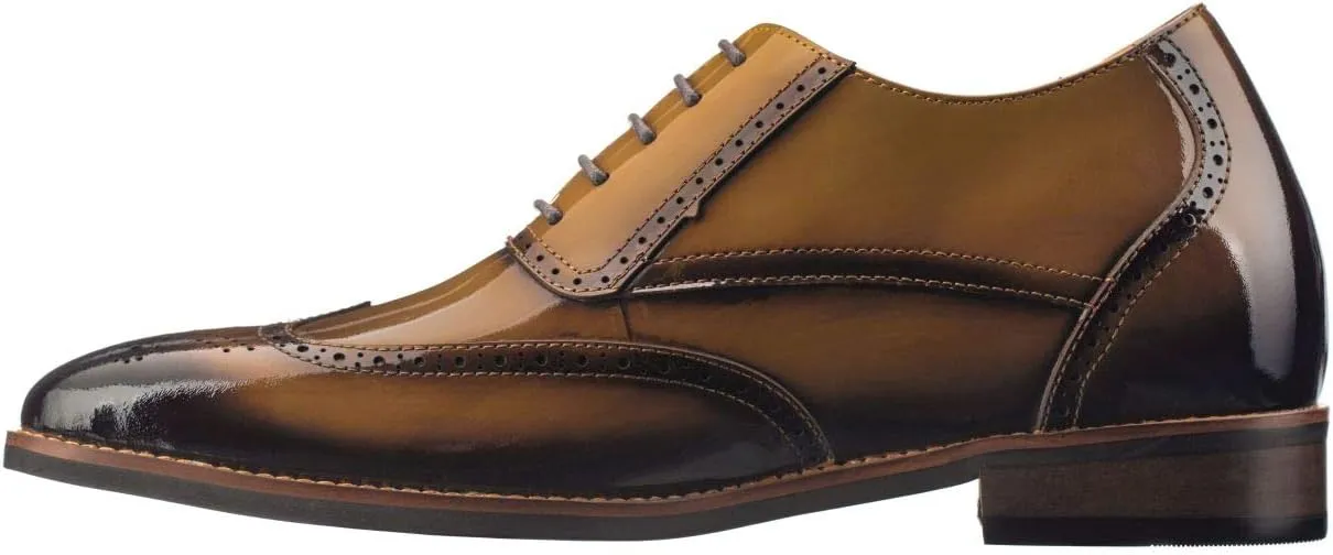 CALTO Men's Invisible Height Increasing Elevator Shoes - Dark Brown Patent Leather Lace-up Wing-tip Formal Oxfords - 3 Inches Taller - S1017 - Size 8 D(M) US