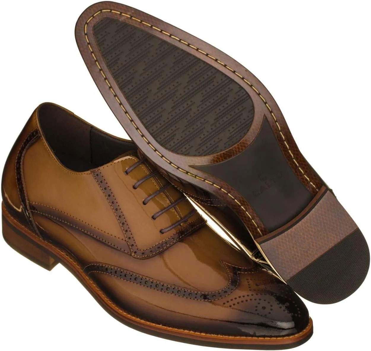 CALTO Men's Invisible Height Increasing Elevator Shoes - Dark Brown Patent Leather Lace-up Wing-tip Formal Oxfords - 3 Inches Taller - S1017 - Size 8 D(M) US