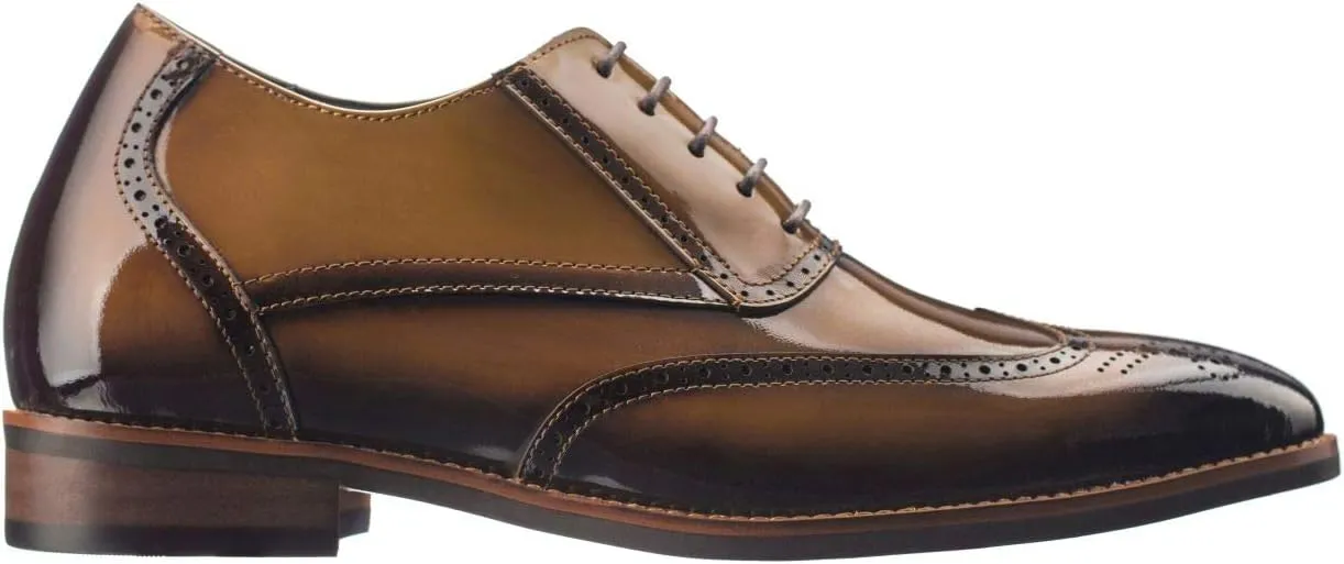 CALTO Men's Invisible Height Increasing Elevator Shoes - Dark Brown Patent Leather Lace-up Wing-tip Formal Oxfords - 3 Inches Taller - S1017 - Size 8 D(M) US