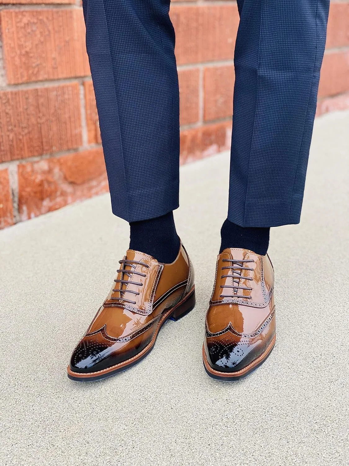 CALTO Men's Invisible Height Increasing Elevator Shoes - Dark Brown Patent Leather Lace-up Wing-tip Formal Oxfords - 3 Inches Taller - S1017 - Size 8 D(M) US