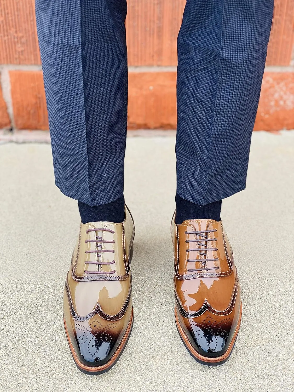 CALTO Men's Invisible Height Increasing Elevator Shoes - Dark Brown Patent Leather Lace-up Wing-tip Formal Oxfords - 3 Inches Taller - S1017 - Size 8 D(M) US