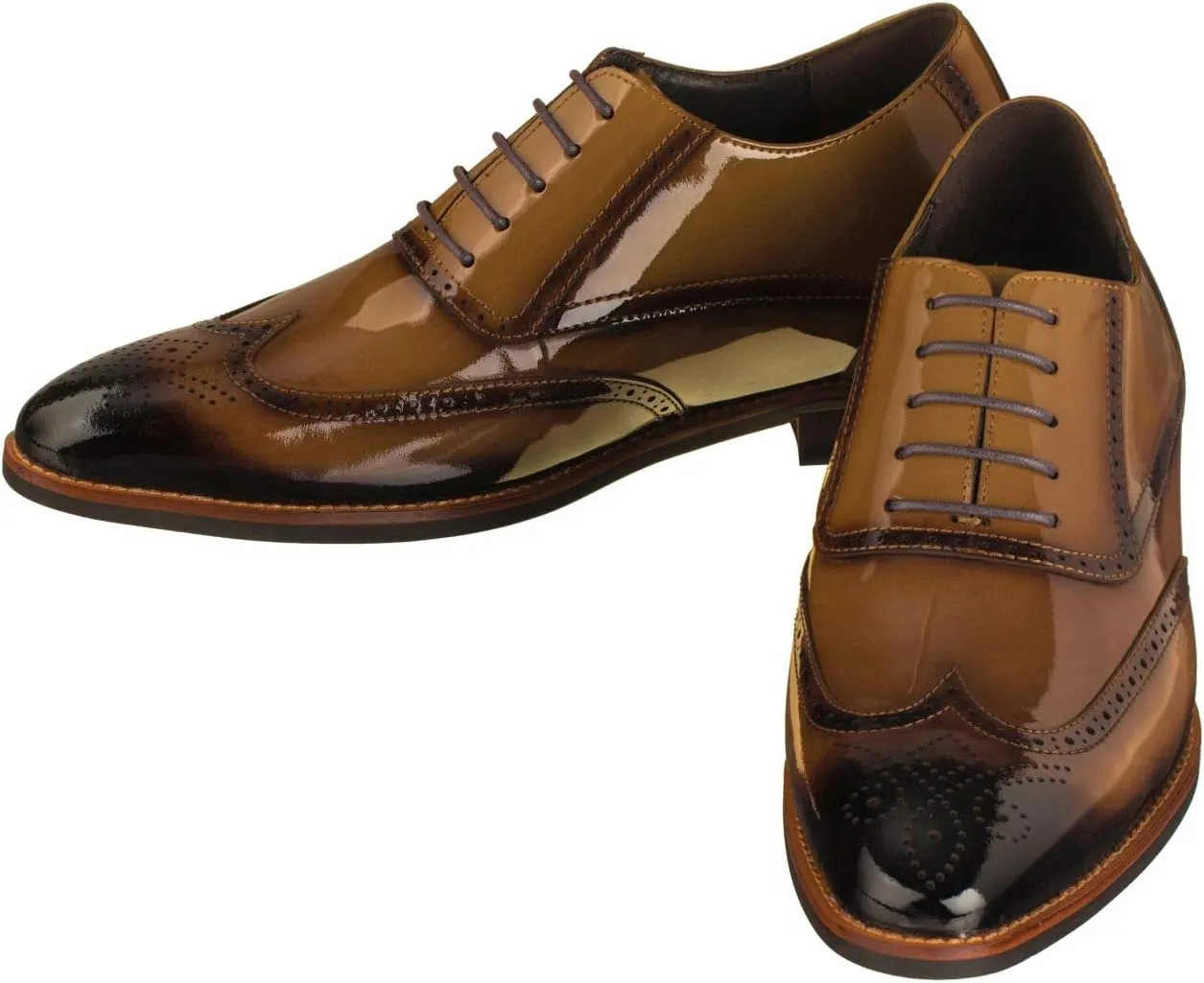 CALTO Men's Invisible Height Increasing Elevator Shoes - Dark Brown Patent Leather Lace-up Wing-tip Formal Oxfords - 3 Inches Taller - S1017 - Size 8 D(M) US