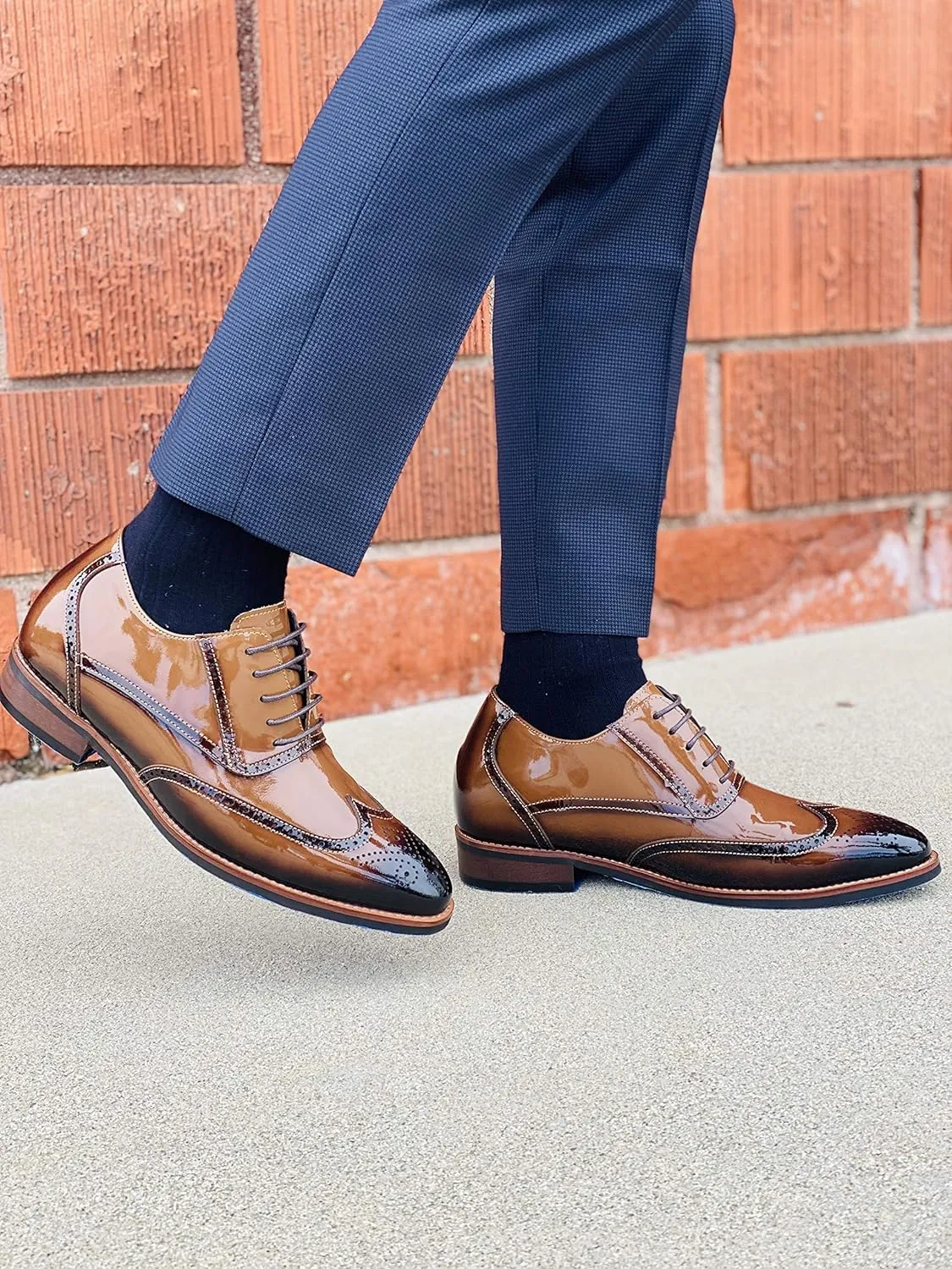 CALTO Men's Invisible Height Increasing Elevator Shoes - Dark Brown Patent Leather Lace-up Wing-tip Formal Oxfords - 3 Inches Taller - S1017 - Size 8 D(M) US