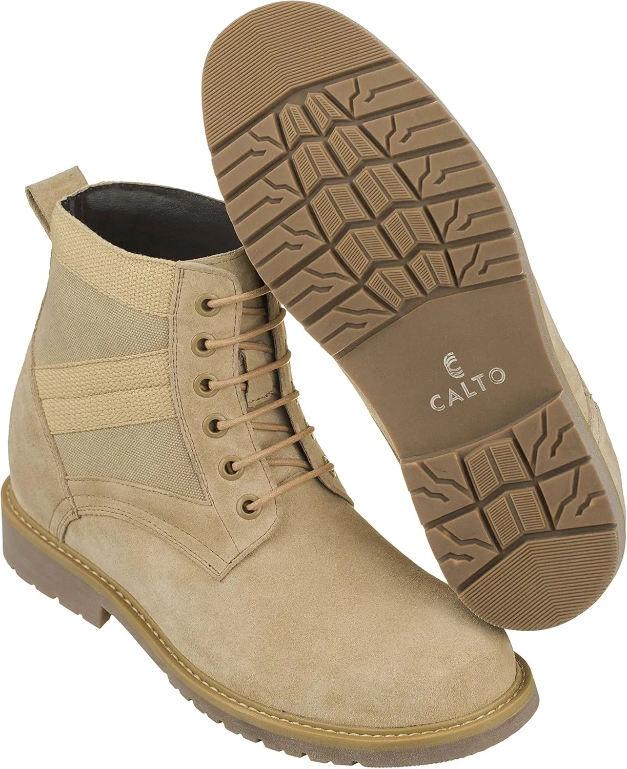 CALTO Men's Invisible Height Increasing Elevator Shoes - Desert Sand Suede Lace-up High-top Military Boots - 3.2 Inches Taller - S9012 - Size 9 D(M) US