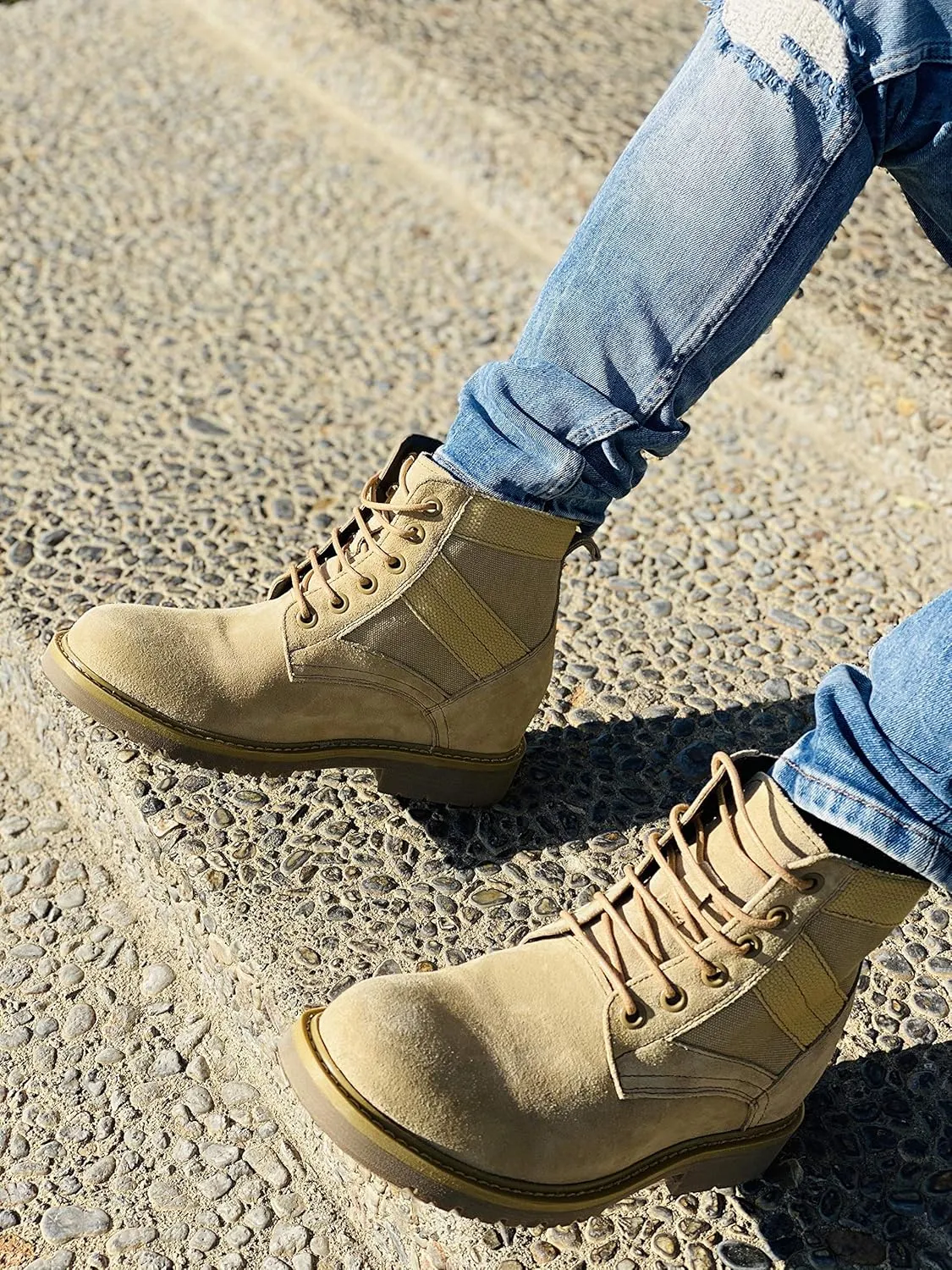 CALTO Men's Invisible Height Increasing Elevator Shoes - Desert Sand Suede Lace-up High-top Military Boots - 3.2 Inches Taller - S9012 - Size 9 D(M) US