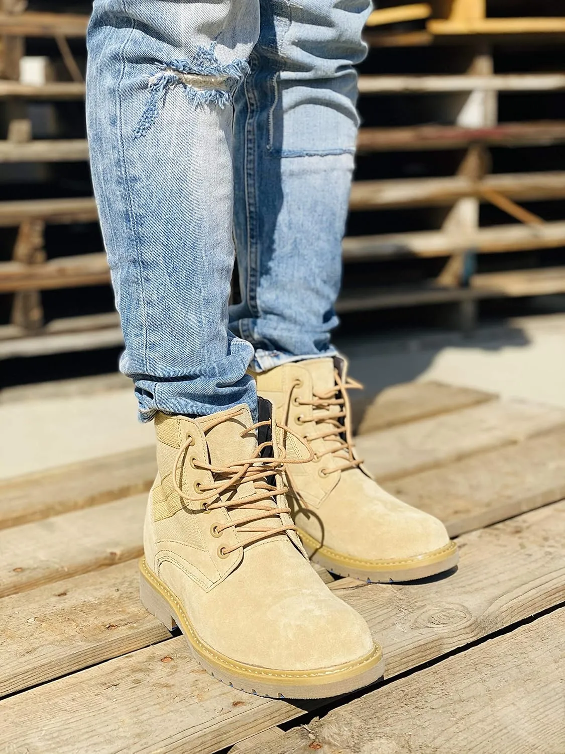 CALTO Men's Invisible Height Increasing Elevator Shoes - Desert Sand Suede Lace-up High-top Military Boots - 3.2 Inches Taller - S9012 - Size 9 D(M) US