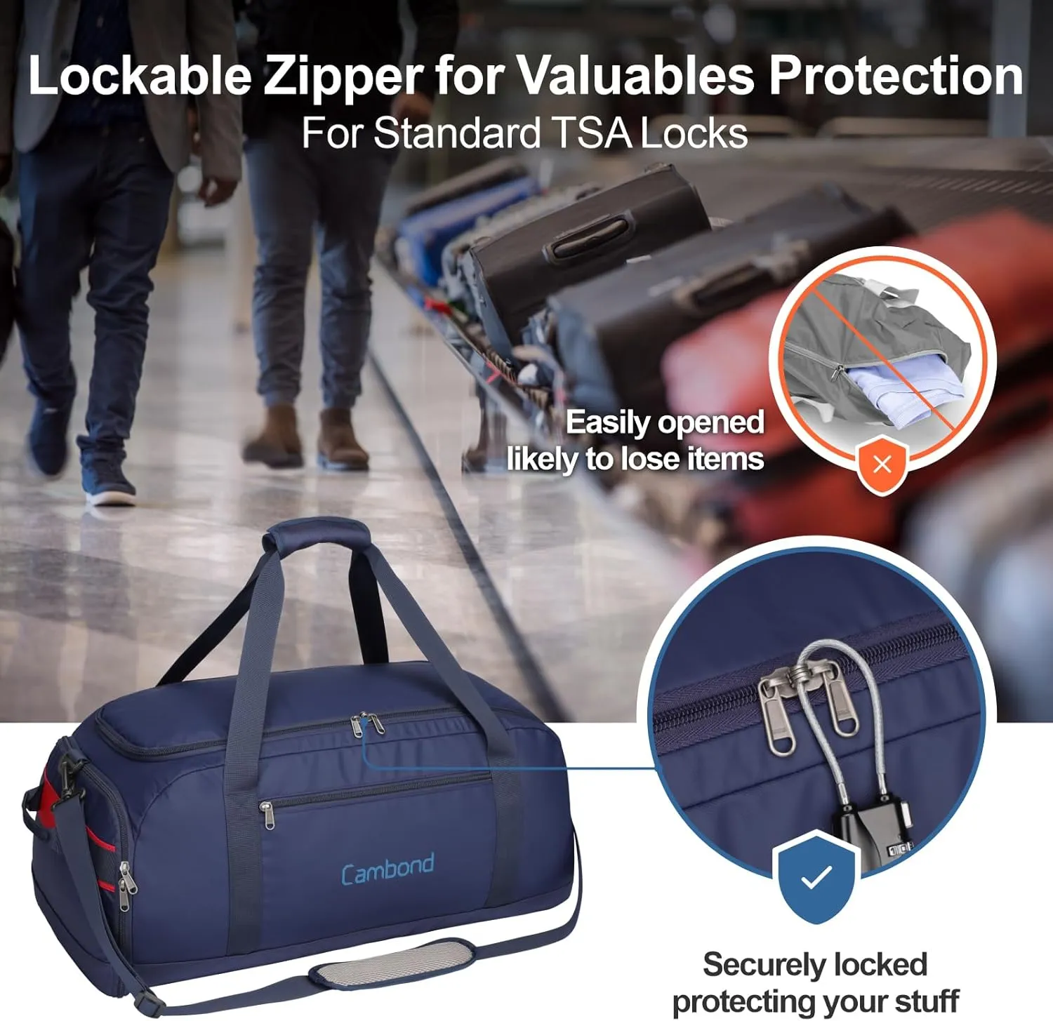 Cambond Airport Luggage Checked Bag - 60L Travel Duffle Bag for 4-5 Day Short Trip, Compact Foldable Travel Duffel Bags for Traveling with Shoe Compartment for Men Women, Checked Luggage, Dark Blue
