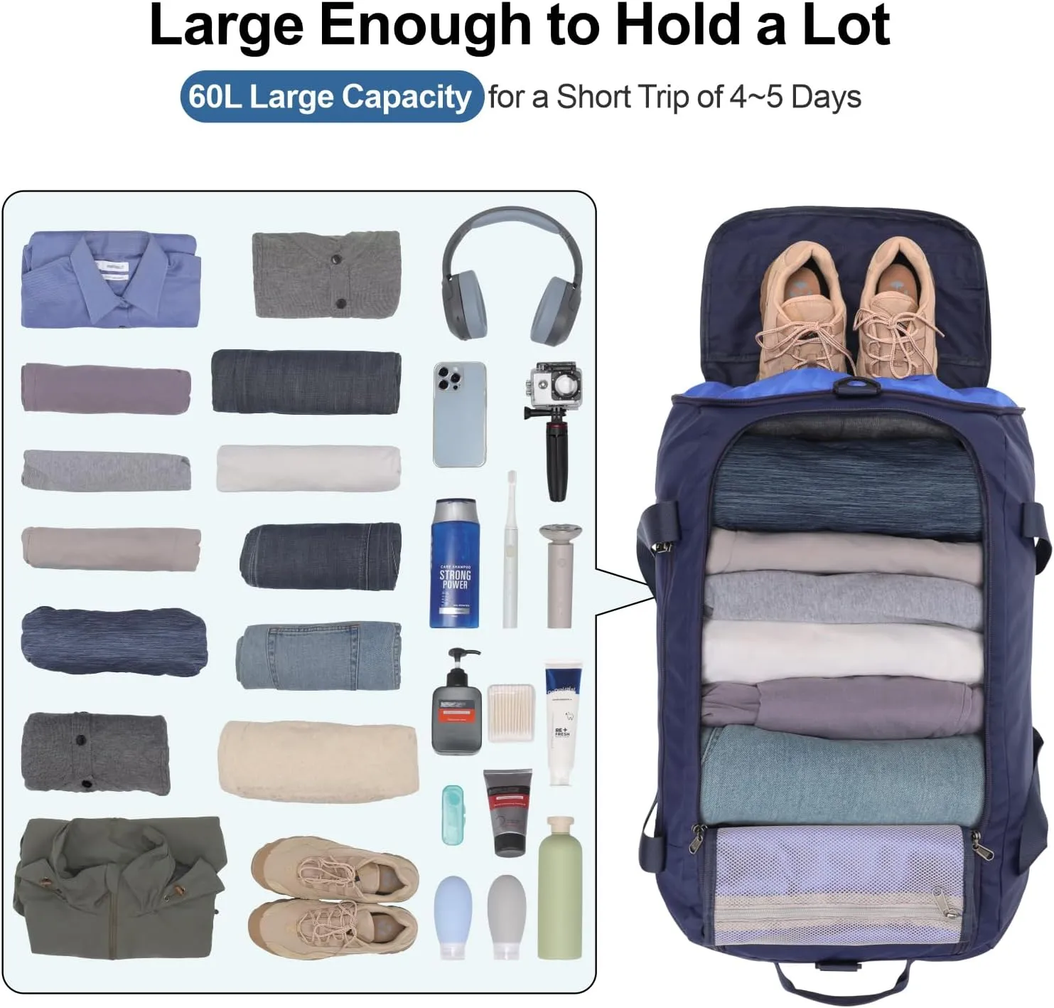 Cambond Airport Luggage Checked Bag - 60L Travel Duffle Bag for 4-5 Day Short Trip, Compact Foldable Travel Duffel Bags for Traveling with Shoe Compartment for Men Women, Checked Luggage, Dark Blue