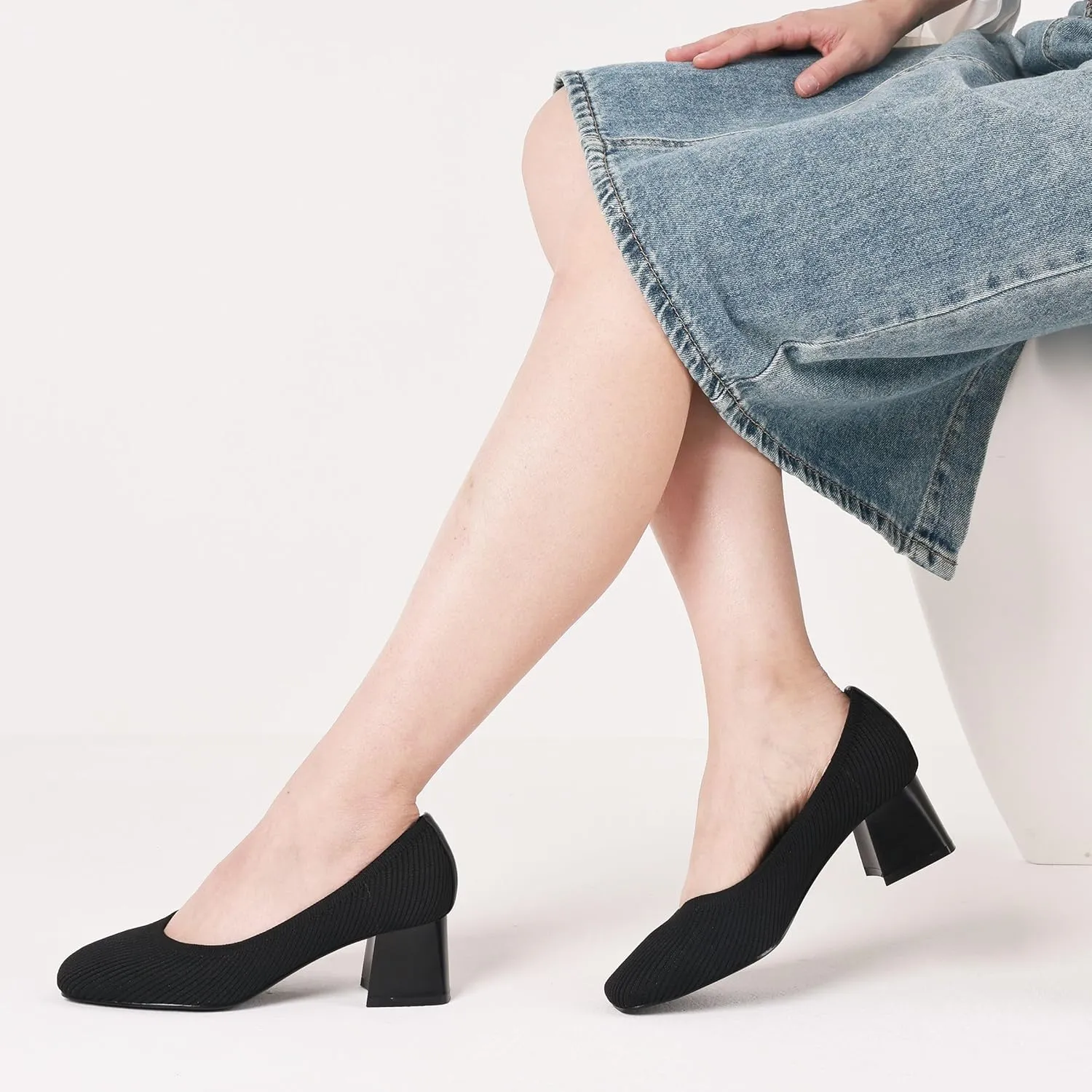 CELNEPHO Women’s Pumps Chunky Low Block Heel Closed Toe Comfortable Dress Pumps Knit Shoes Arch Support Slip On Wedding Shoes Casual Office