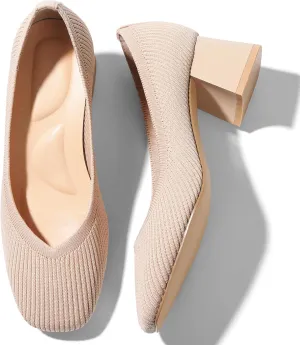 CELNEPHO Women’s Pumps Chunky Low Block Heel Closed Toe Comfortable Dress Pumps Knit Shoes Arch Support Slip On Wedding Shoes Casual Office
