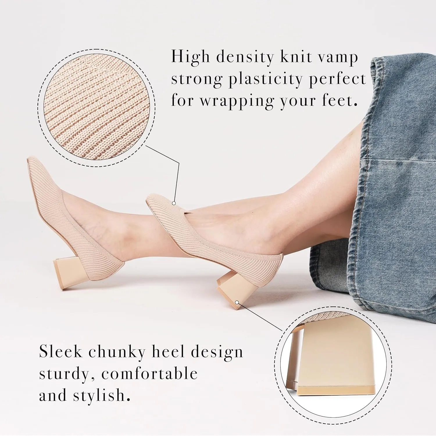 CELNEPHO Women’s Pumps Chunky Low Block Heel Closed Toe Comfortable Dress Pumps Knit Shoes Arch Support Slip On Wedding Shoes Casual Office