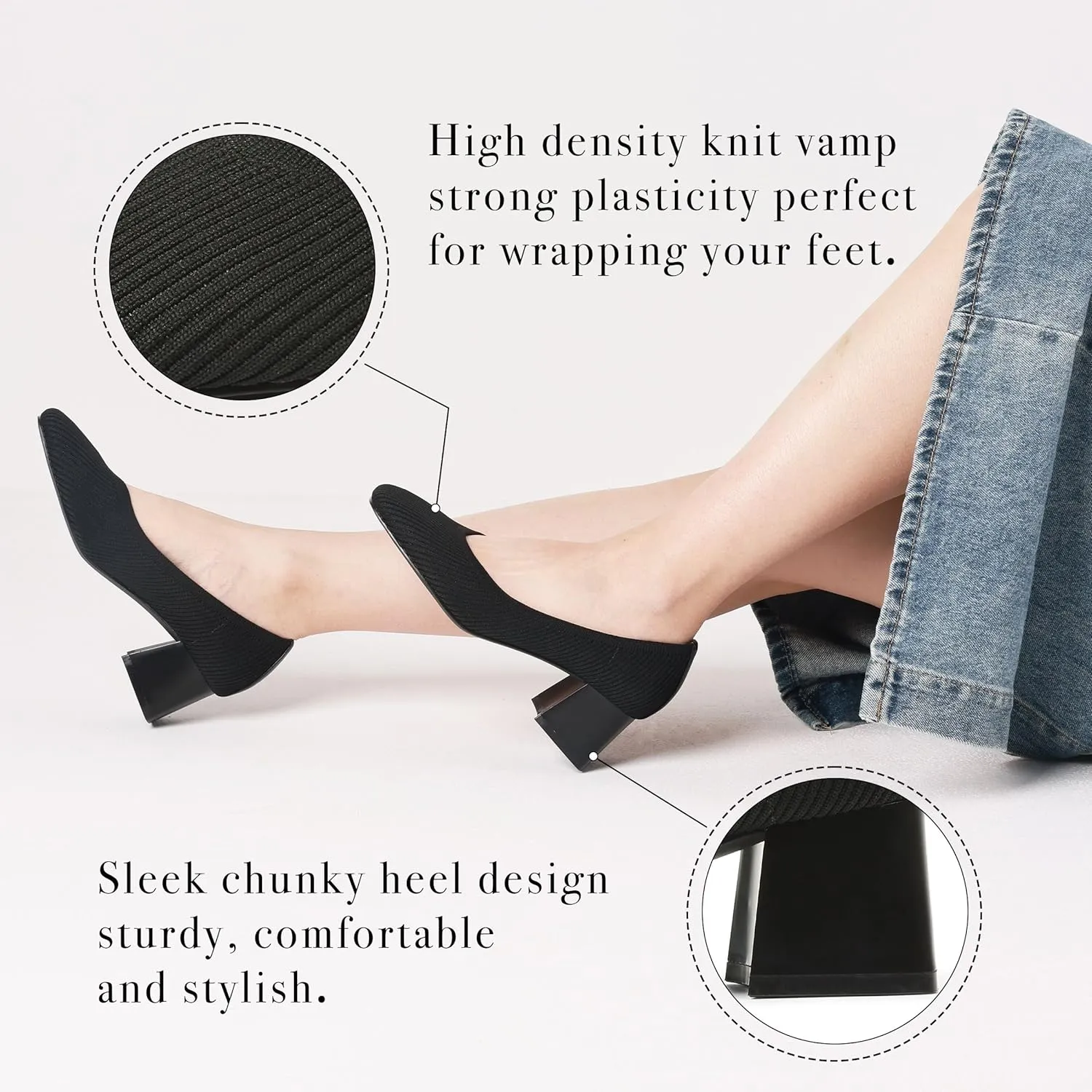 CELNEPHO Women’s Pumps Chunky Low Block Heel Closed Toe Comfortable Dress Pumps Knit Shoes Arch Support Slip On Wedding Shoes Casual Office
