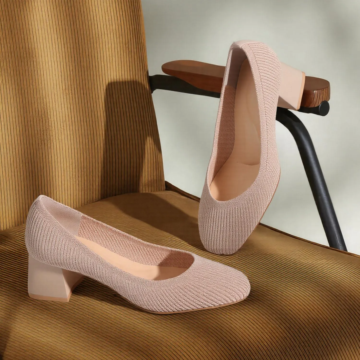 CELNEPHO Women’s Pumps Chunky Low Block Heel Closed Toe Comfortable Dress Pumps Knit Shoes Arch Support Slip On Wedding Shoes Casual Office