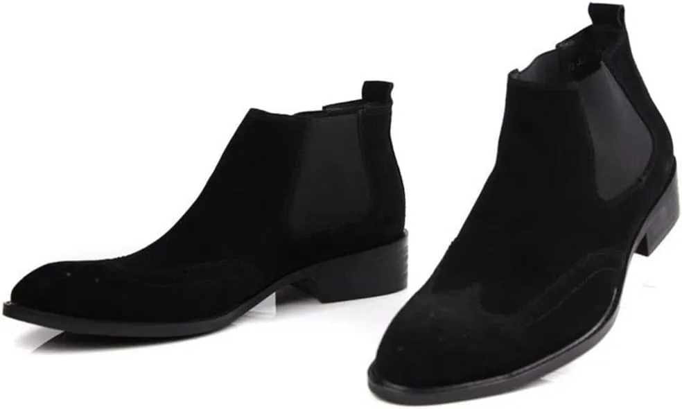 Chelsea Boot for Men Work Boot Wingtip Brogue Carving Pull On StyleGenuine Leather Block Heel Burnished Toe