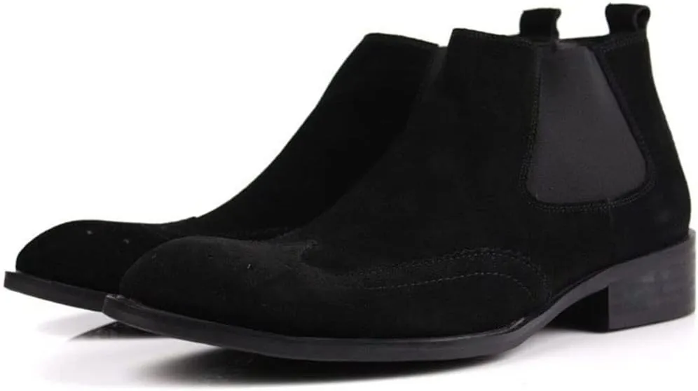 Chelsea Boot for Men Work Boot Wingtip Brogue Carving Pull On StyleGenuine Leather Block Heel Burnished Toe