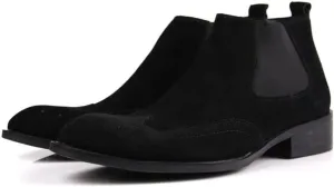 Chelsea Boot for Men Work Boot Wingtip Brogue Carving Pull On StyleGenuine Leather Block Heel Burnished Toe