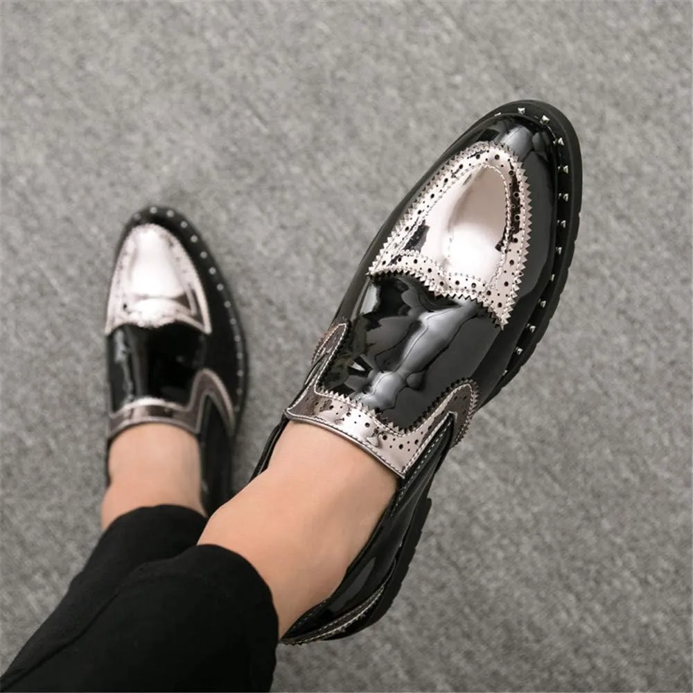 Comodish Men's Business Oxford Casual Personality Stylish Stitching Thick Patent Leather Brogue Shoes