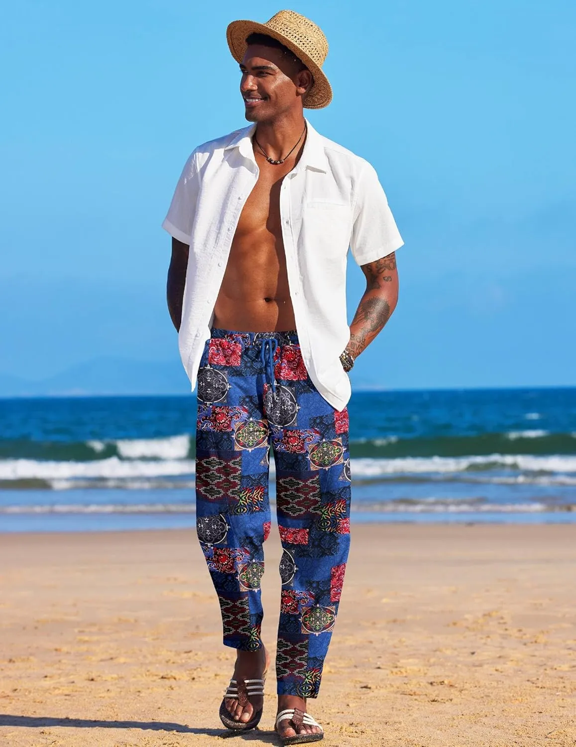 COOFANDY Men's Linen Harem Drawstring Pants Casual Elastic Waist Lightweight Trouser Hippie Summer Beach Yoga Pants
