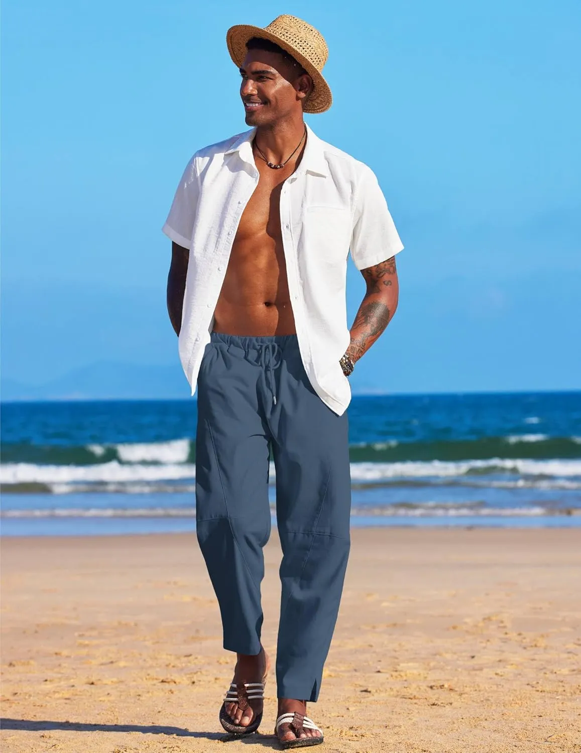 COOFANDY Men's Linen Harem Drawstring Pants Casual Elastic Waist Lightweight Trouser Hippie Summer Beach Yoga Pants