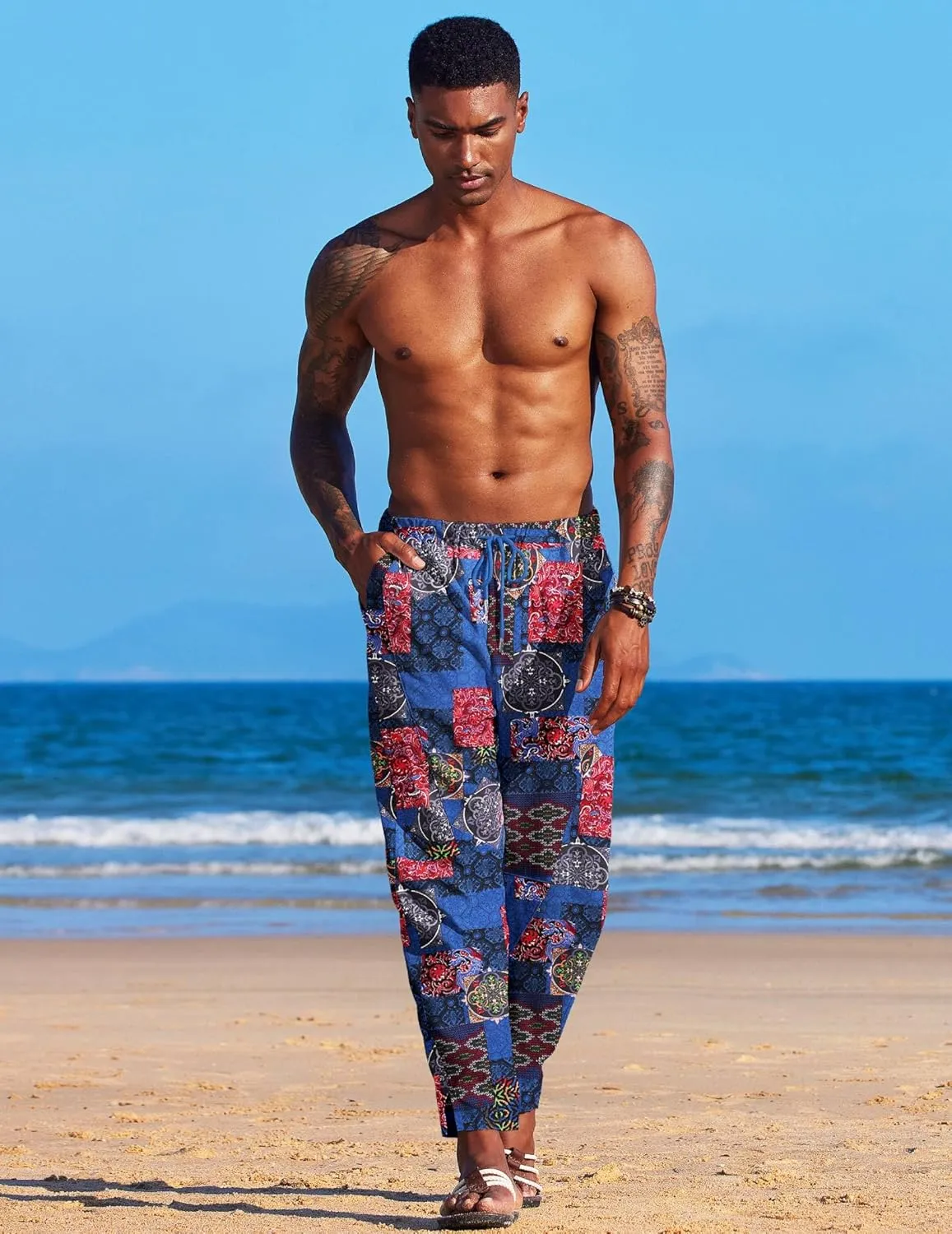 COOFANDY Men's Linen Harem Drawstring Pants Casual Elastic Waist Lightweight Trouser Hippie Summer Beach Yoga Pants