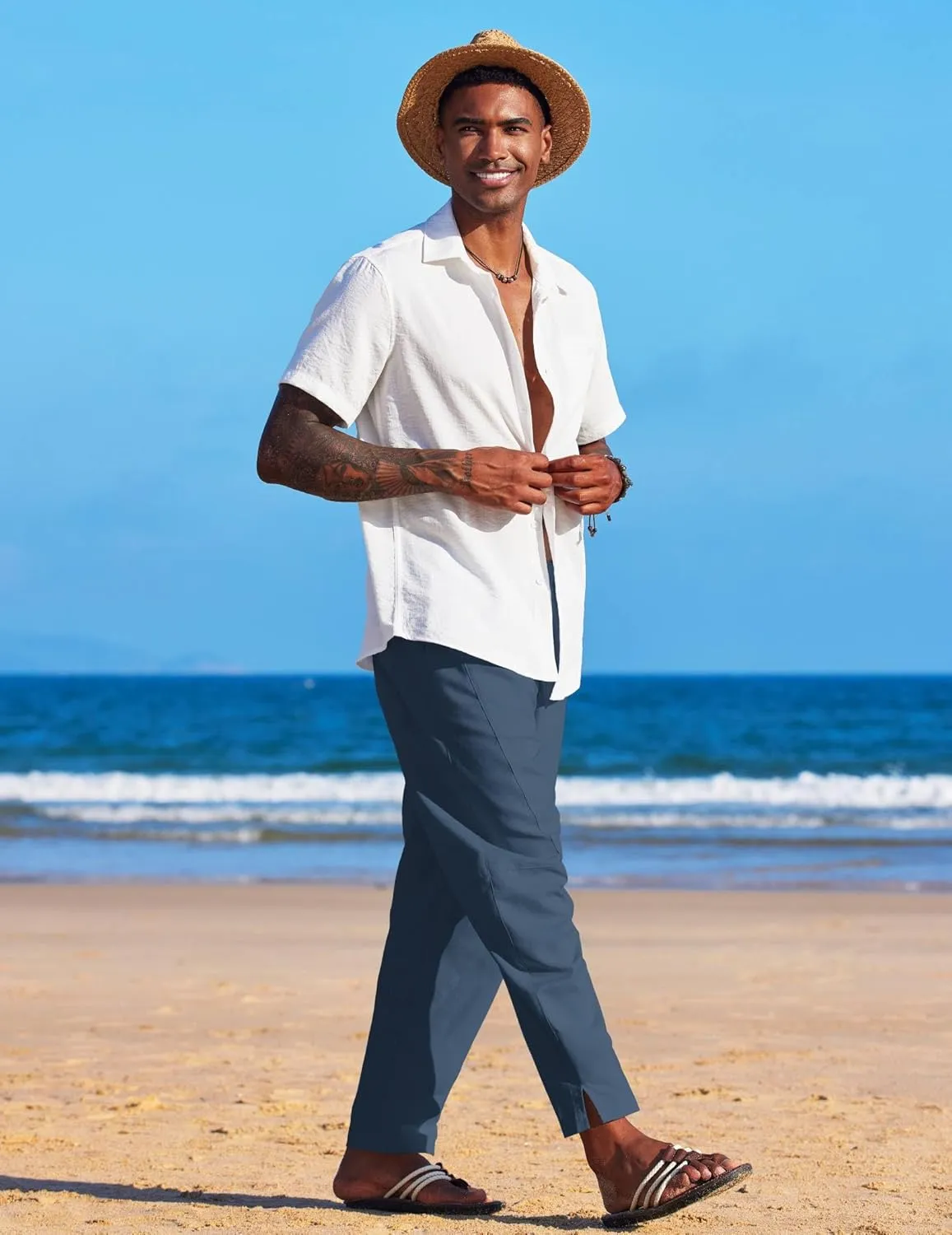 COOFANDY Men's Linen Harem Drawstring Pants Casual Elastic Waist Lightweight Trouser Hippie Summer Beach Yoga Pants