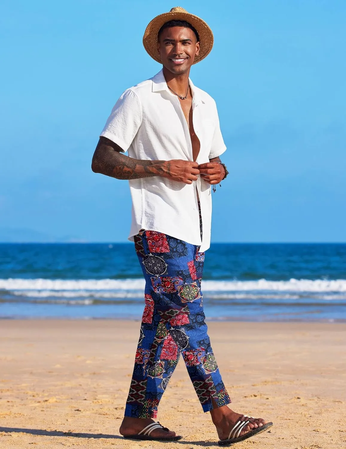 COOFANDY Men's Linen Harem Drawstring Pants Casual Elastic Waist Lightweight Trouser Hippie Summer Beach Yoga Pants