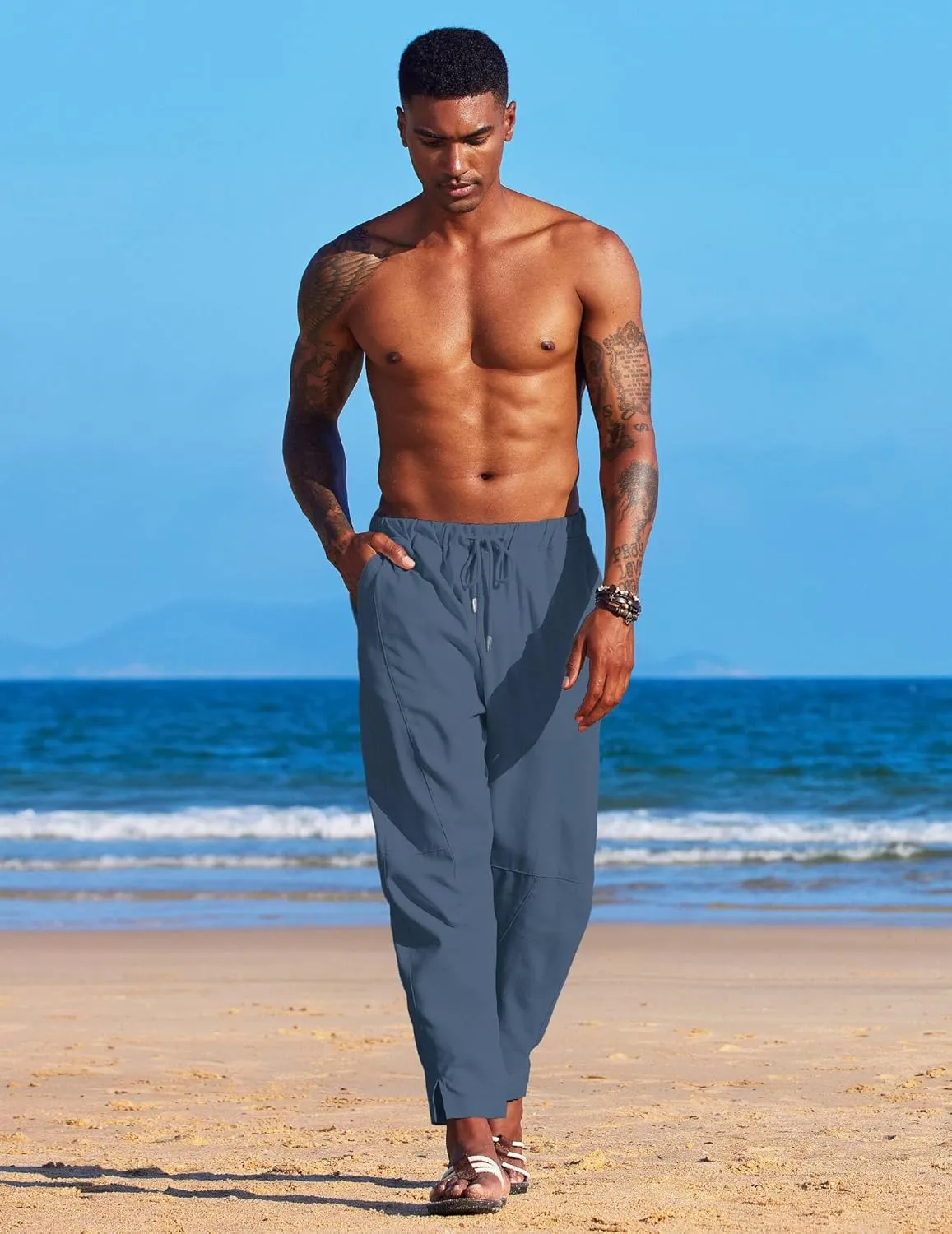 COOFANDY Men's Linen Harem Drawstring Pants Casual Elastic Waist Lightweight Trouser Hippie Summer Beach Yoga Pants
