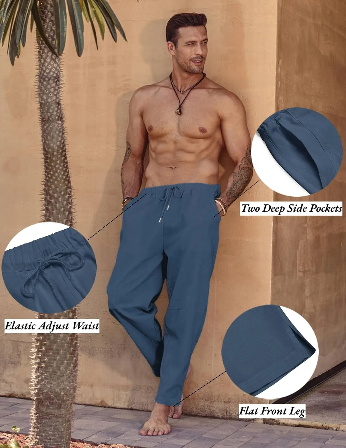 COOFANDY Men's Linen Harem Drawstring Pants Casual Elastic Waist Lightweight Trouser Hippie Summer Beach Yoga Pants