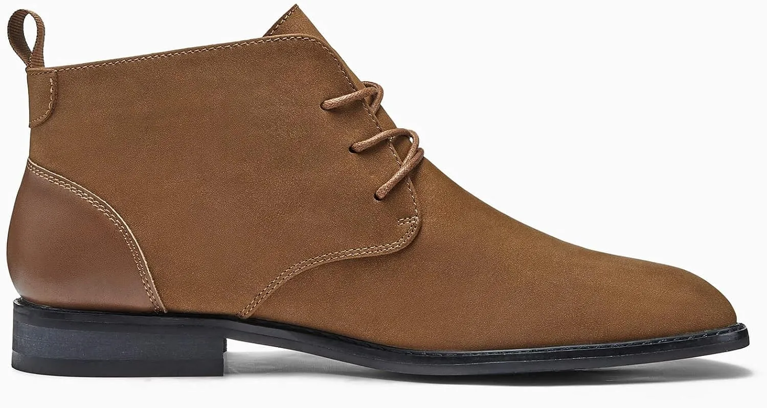 Coutgo Mens Chukka Boots Dress Desert Ankle Boots Lace Up Suede Stacked Low Heel Mid Top Booties Shoes