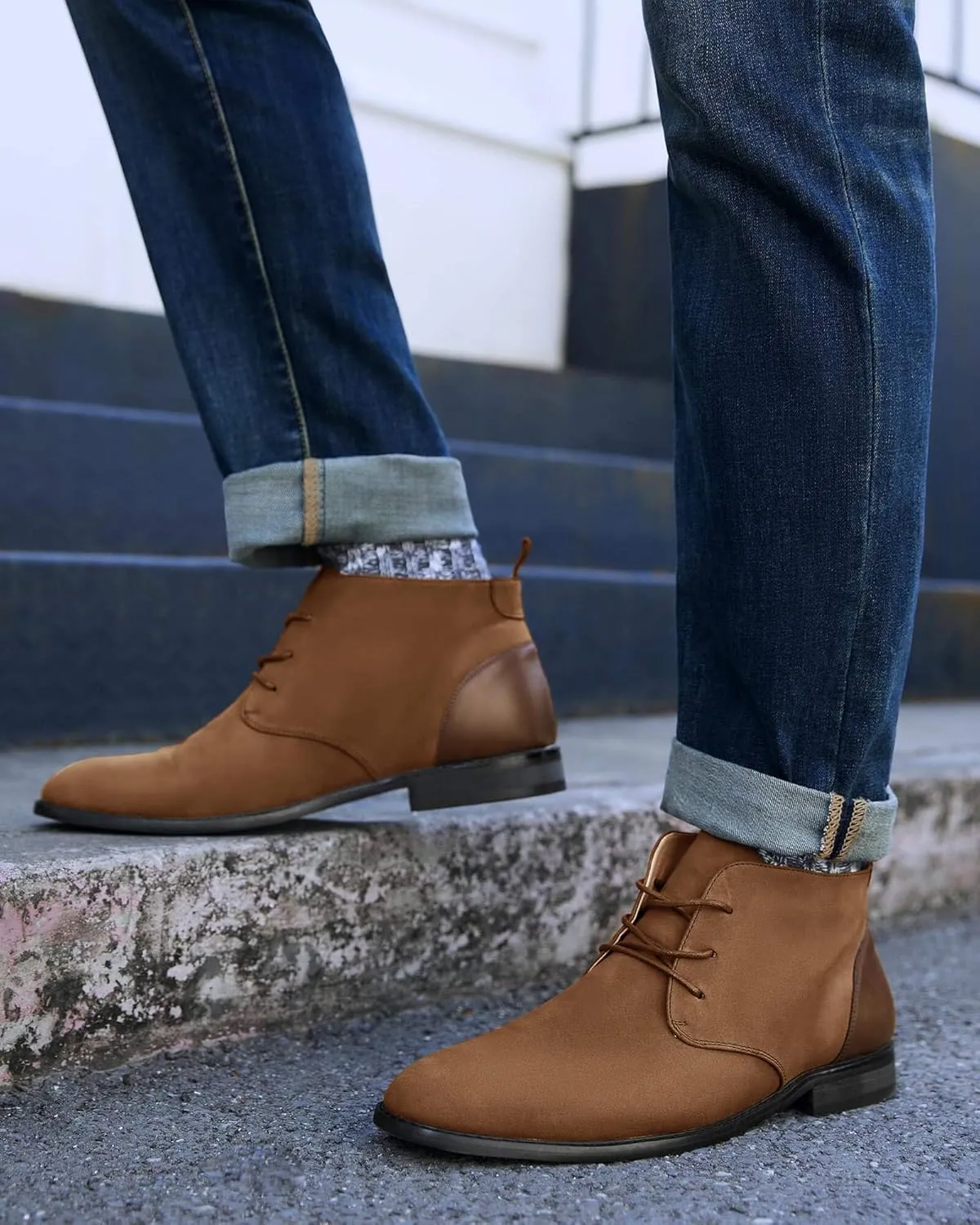 Coutgo Mens Chukka Boots Dress Desert Ankle Boots Lace Up Suede Stacked Low Heel Mid Top Booties Shoes
