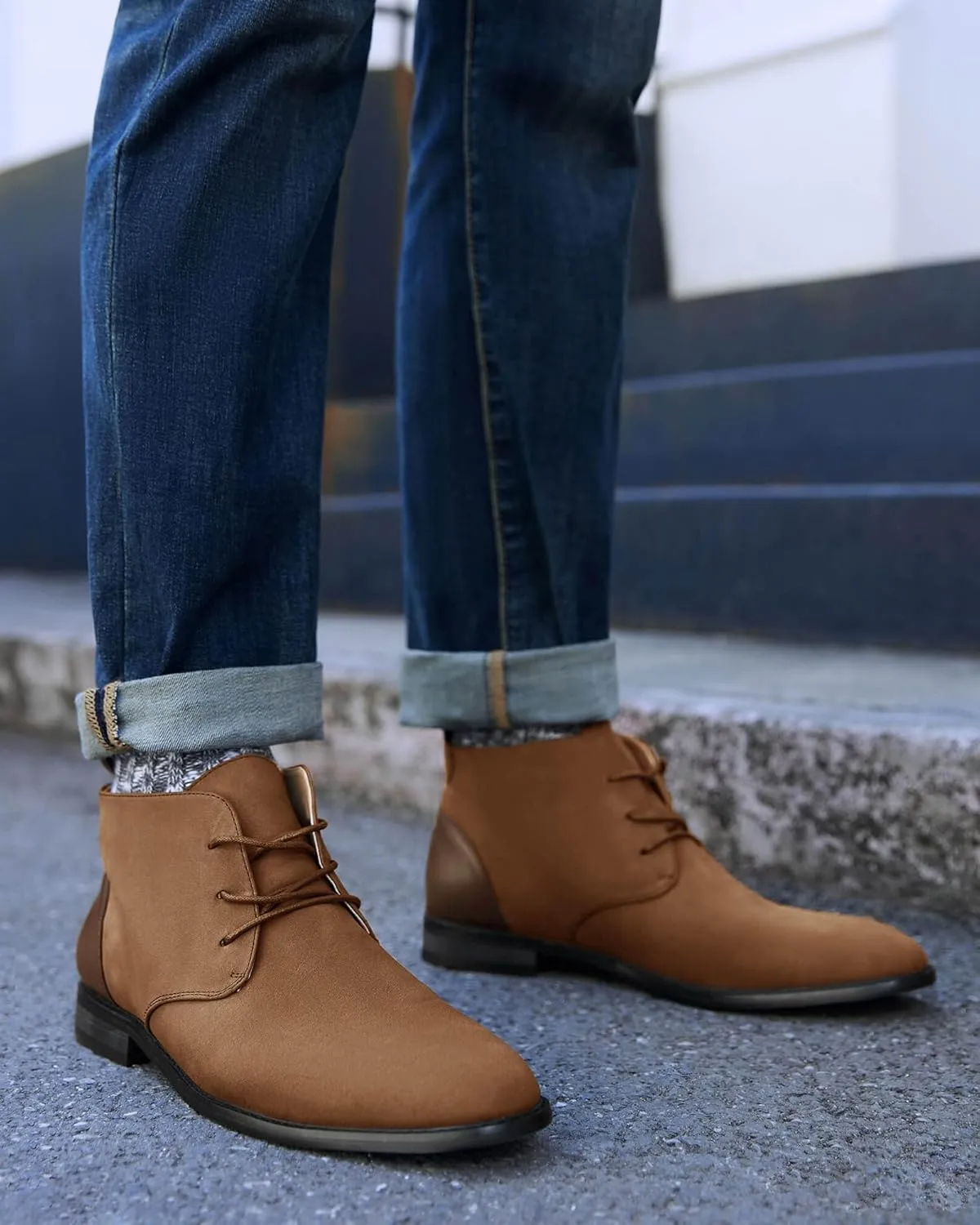 Coutgo Mens Chukka Boots Dress Desert Ankle Boots Lace Up Suede Stacked Low Heel Mid Top Booties Shoes