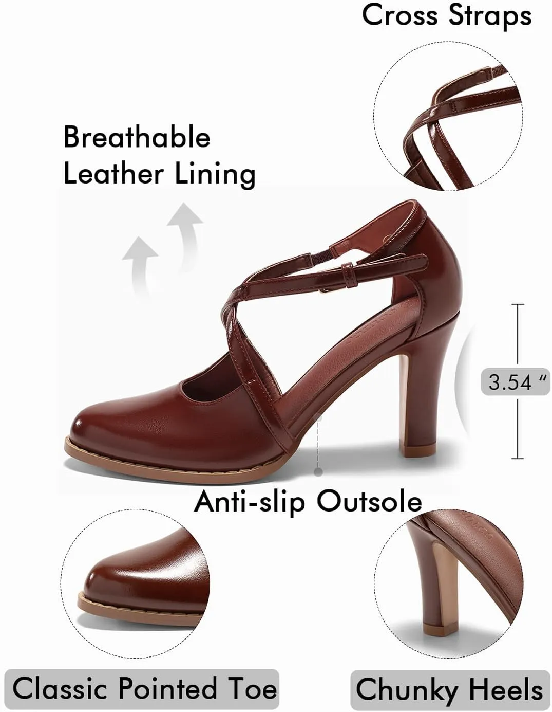 Coutgo Womens Chunky High Heels Dress Shoes Closed Pointed Toe Cross Strap Buckle Pumps Vintage D'Orsay Party Shoes
