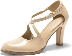 Coutgo Womens Chunky High Heels Dress Shoes Closed Pointed Toe Cross Strap Buckle Pumps Vintage D'Orsay Party Shoes