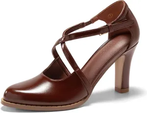 Coutgo Womens Chunky High Heels Dress Shoes Closed Pointed Toe Cross Strap Buckle Pumps Vintage D'Orsay Party Shoes