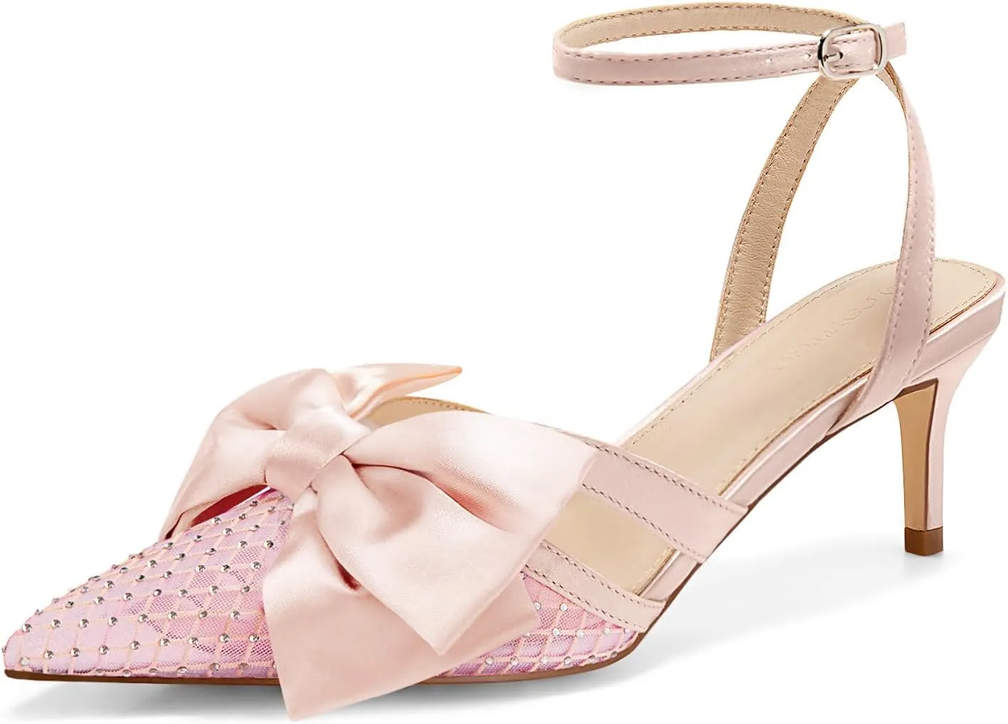 Coutgo Womens Kitten Low Heels Rhinestone Mesh Bow Heels Closed Pointed Toe Ankle Strap Pumps Dress Wedding Shoes