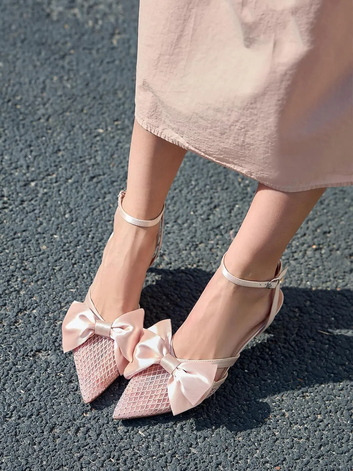 Coutgo Womens Kitten Low Heels Rhinestone Mesh Bow Heels Closed Pointed Toe Ankle Strap Pumps Dress Wedding Shoes