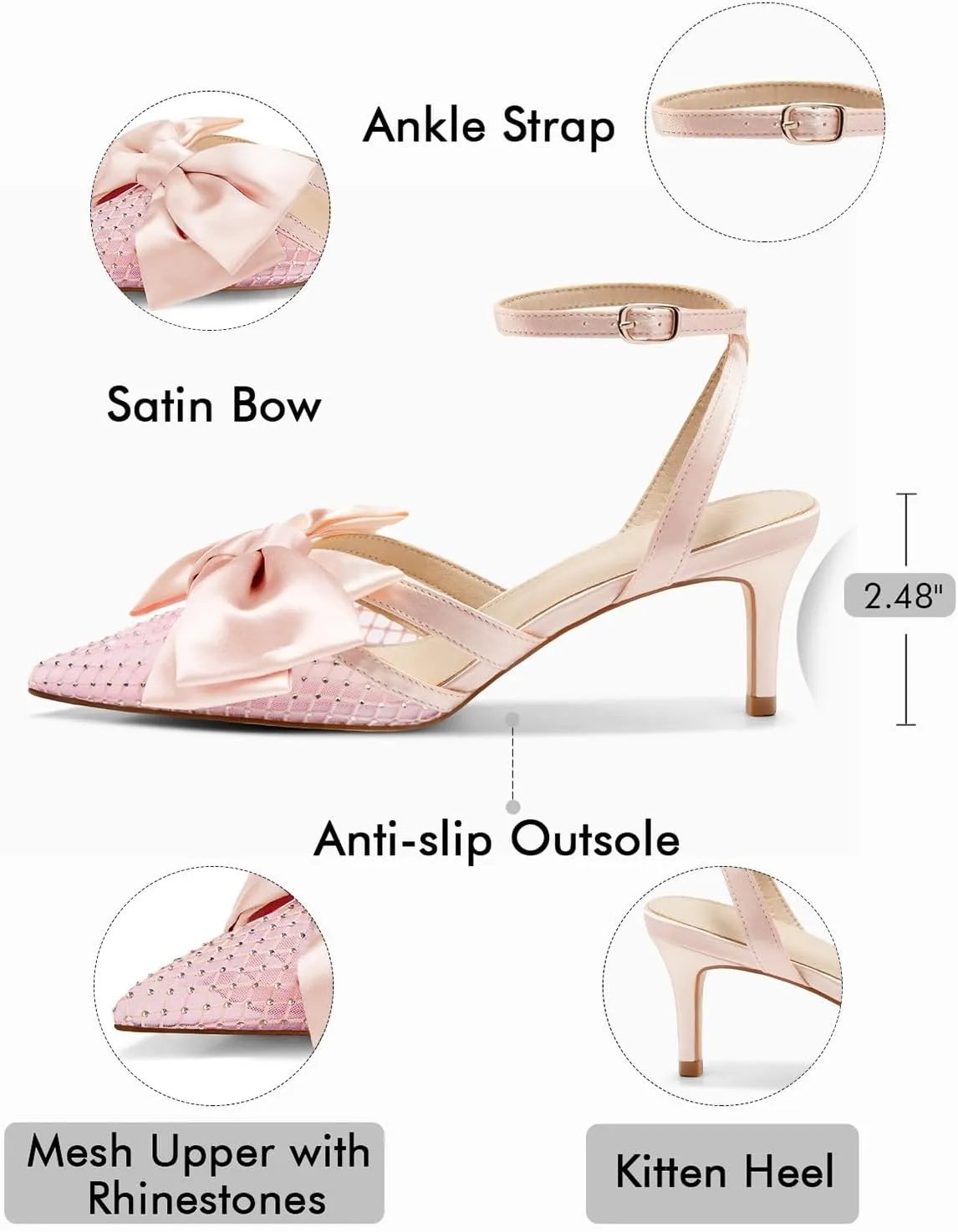 Coutgo Womens Kitten Low Heels Rhinestone Mesh Bow Heels Closed Pointed Toe Ankle Strap Pumps Dress Wedding Shoes